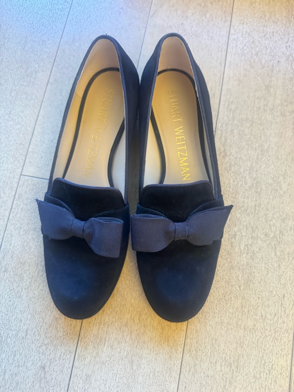 Stuart Weitzman Navy Suede Bow Loafers